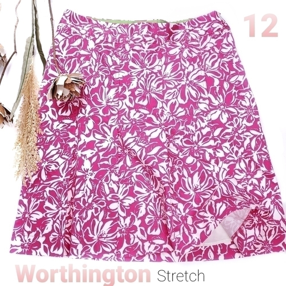 Worthington Stretch Pink White Floral Skirt Sz 12 - Picture 1 of 15